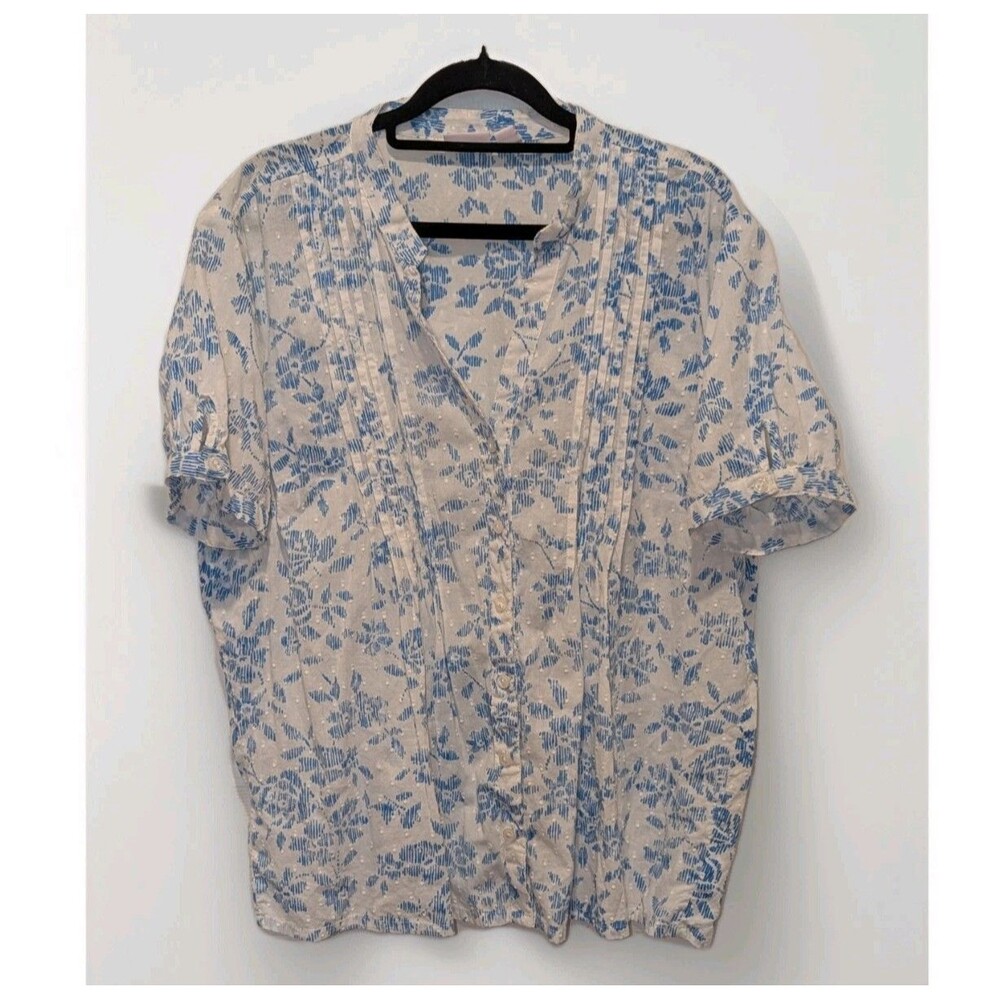 Cottagecore Blue Floral Pintuck Button Front blouse XL Papagallo Boho Top